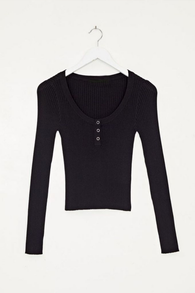 Ribbed Button Down Top Black