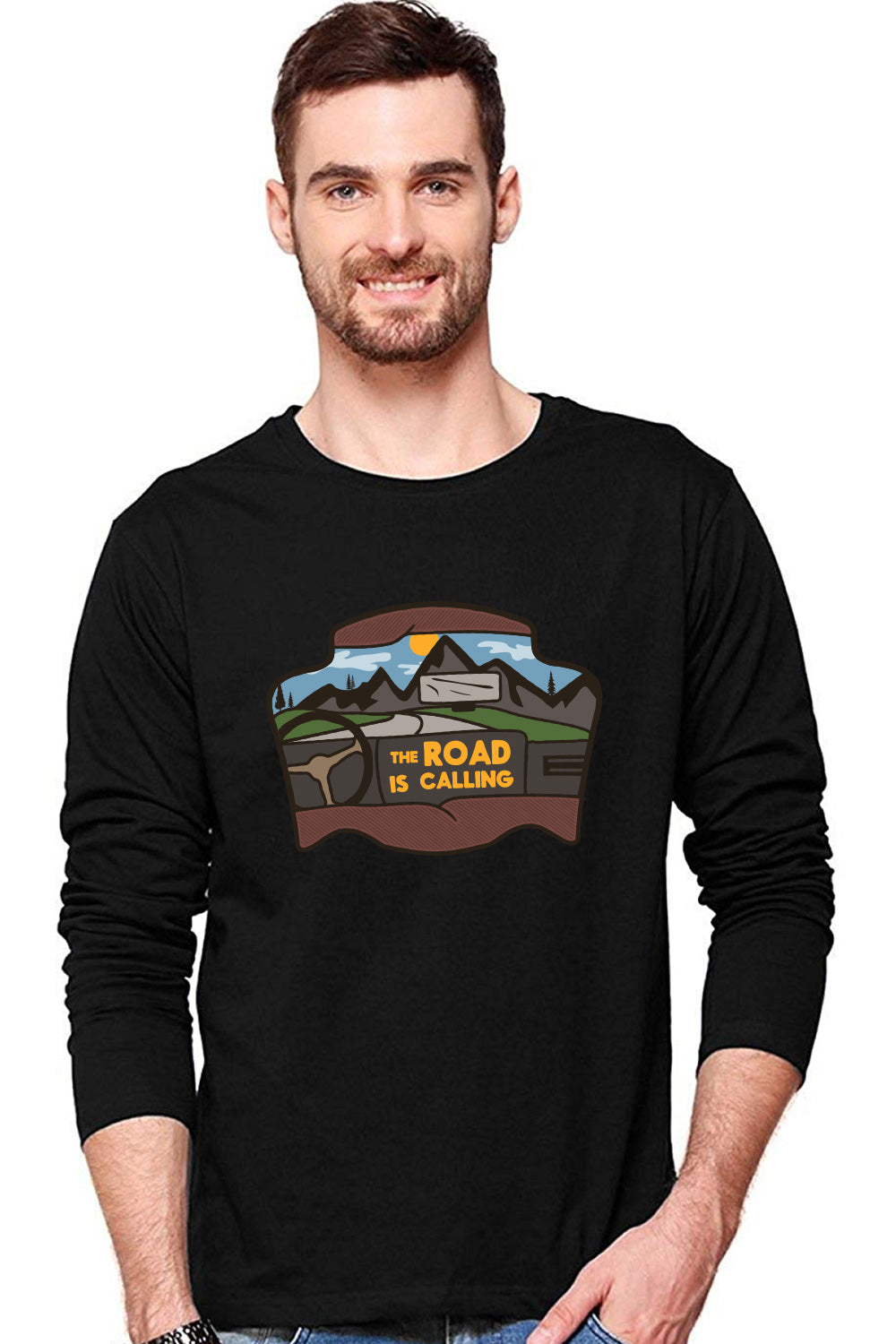 Road Is Calling - Travel Theme Full Sleeve Graphic Printed Black T-Shirt