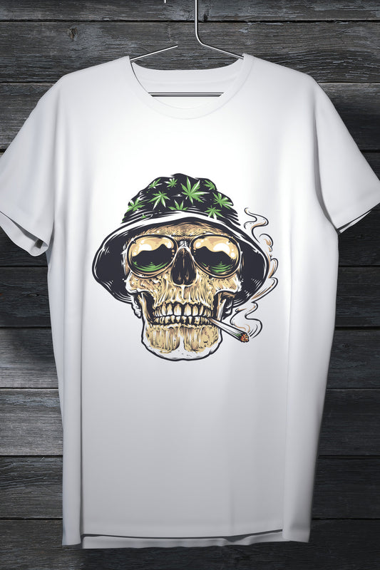 Weed Puffing Skeleton - White Casual Quirky T-Shirt