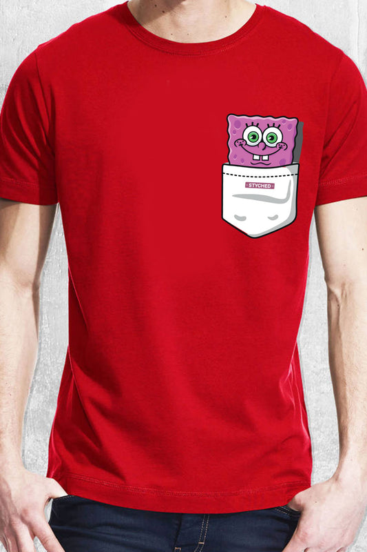 Spongebob peeping out of the pocket - Quirky Graphic T-Shirt Red Color
