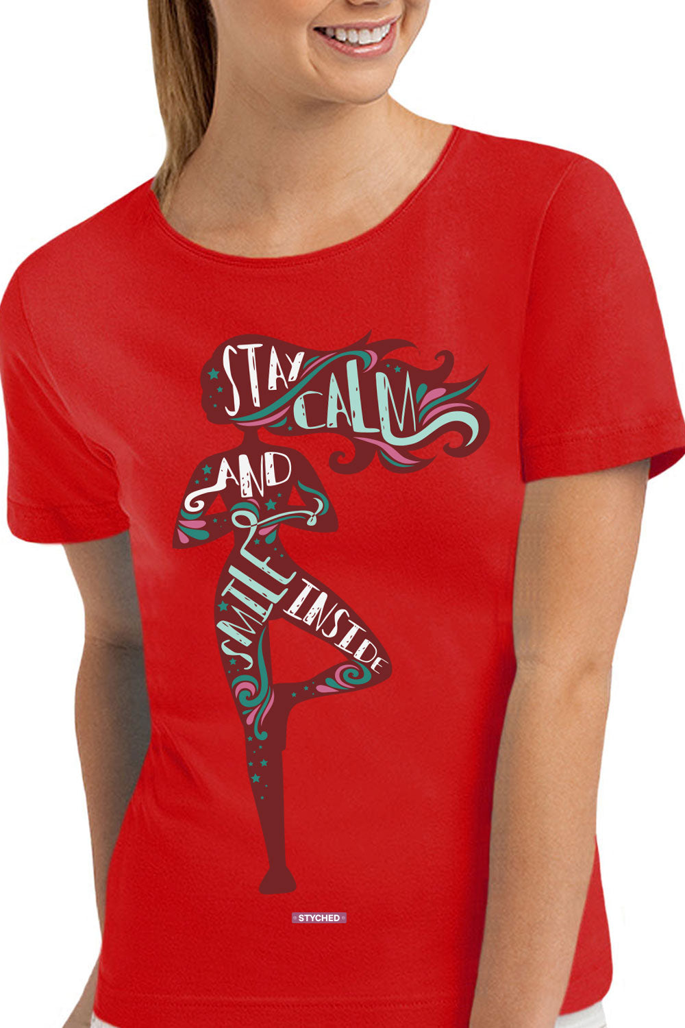 Stay Calm and Smile Inside - Quirky Graphic T-Shirt Red Color
