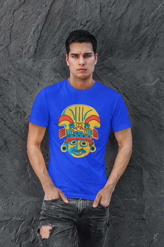Tribal Mask - Warrior Attitude Blue Casual Round Neck Cotton T-Shirt