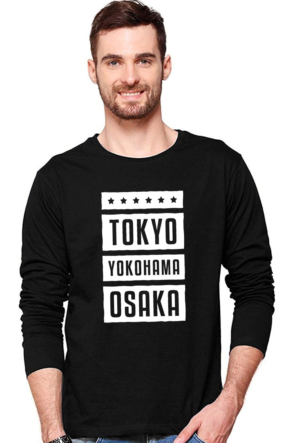 Tokyo Yokohama Osaka - Authentic Styched Full Sleeve Graphic Printed Black Cotton T-Shirt