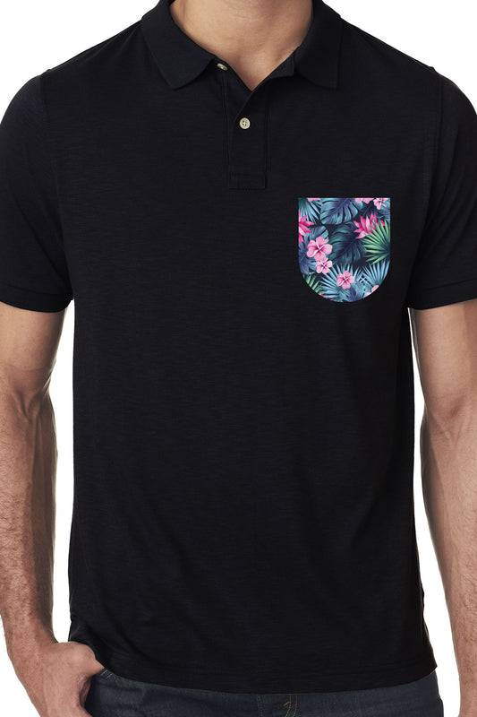Black Premium Polo T-Shirt with Tropical Savannah Graphics on Pocket Printed