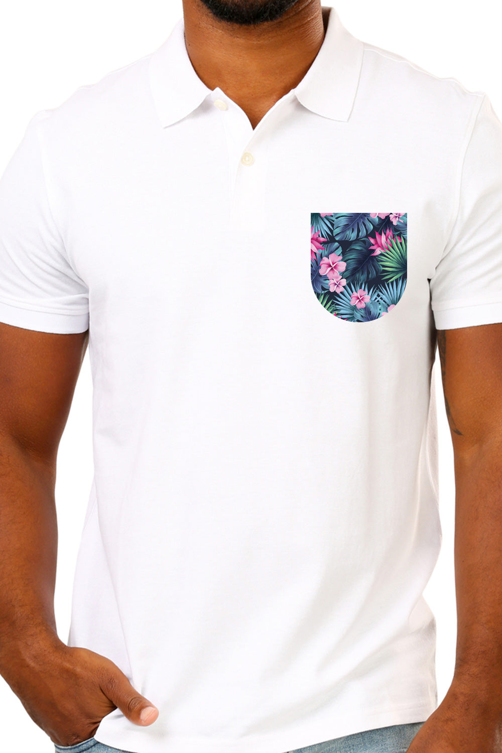 White Premium Polo T-Shirt with Tropical Savannah Graphics on Pocket Printed