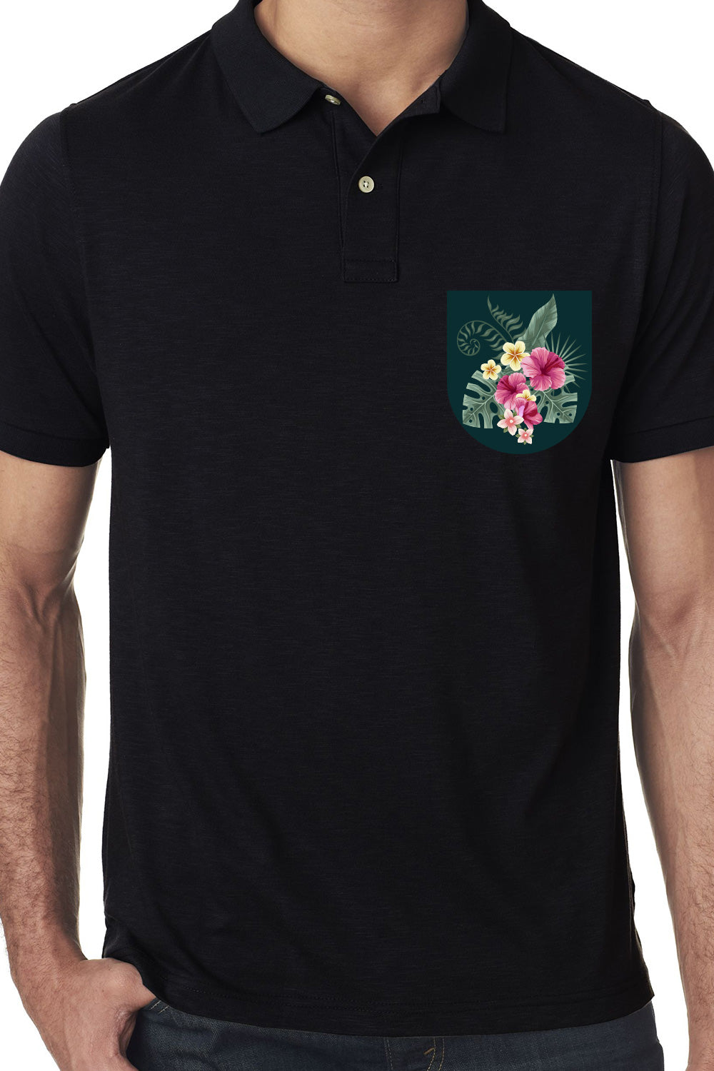 Black Premium Polo T-Shirt with Tropical Grunge Graphics on Pocket Printed
