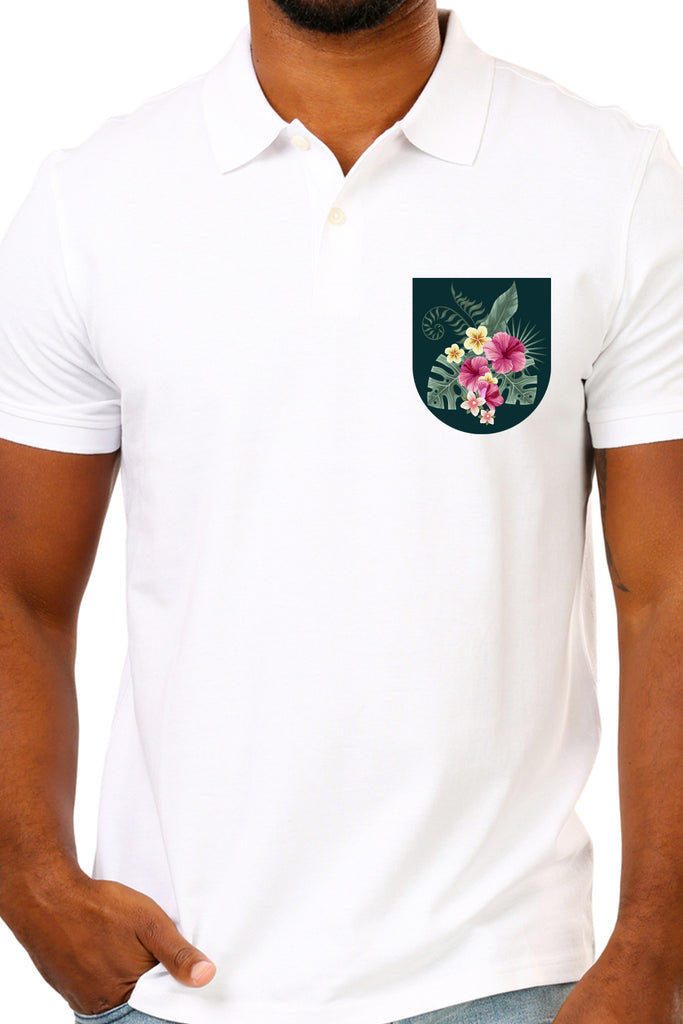 White Premium Polo T-Shirt with Tropical Grunge Graphics on Pocket Printed
