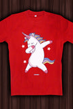 Cute Unicorn doing a dab dance - Quirky Graphic T-Shirt Red Color