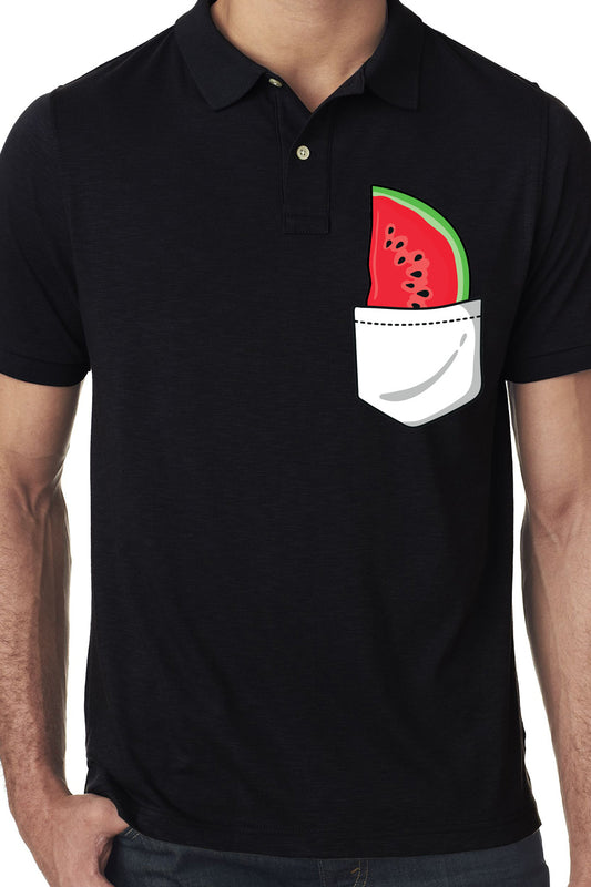 Premium Black Polo Tee with Watermelon Peeping out of pocket graphic