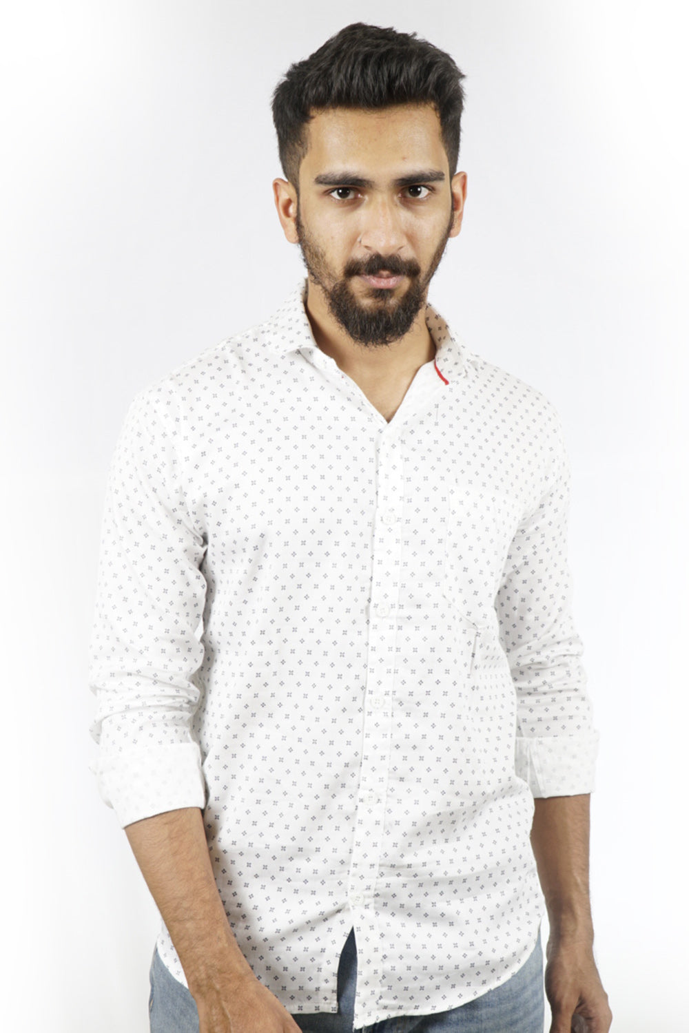 Ditsy Print White Slim Fit Shirt