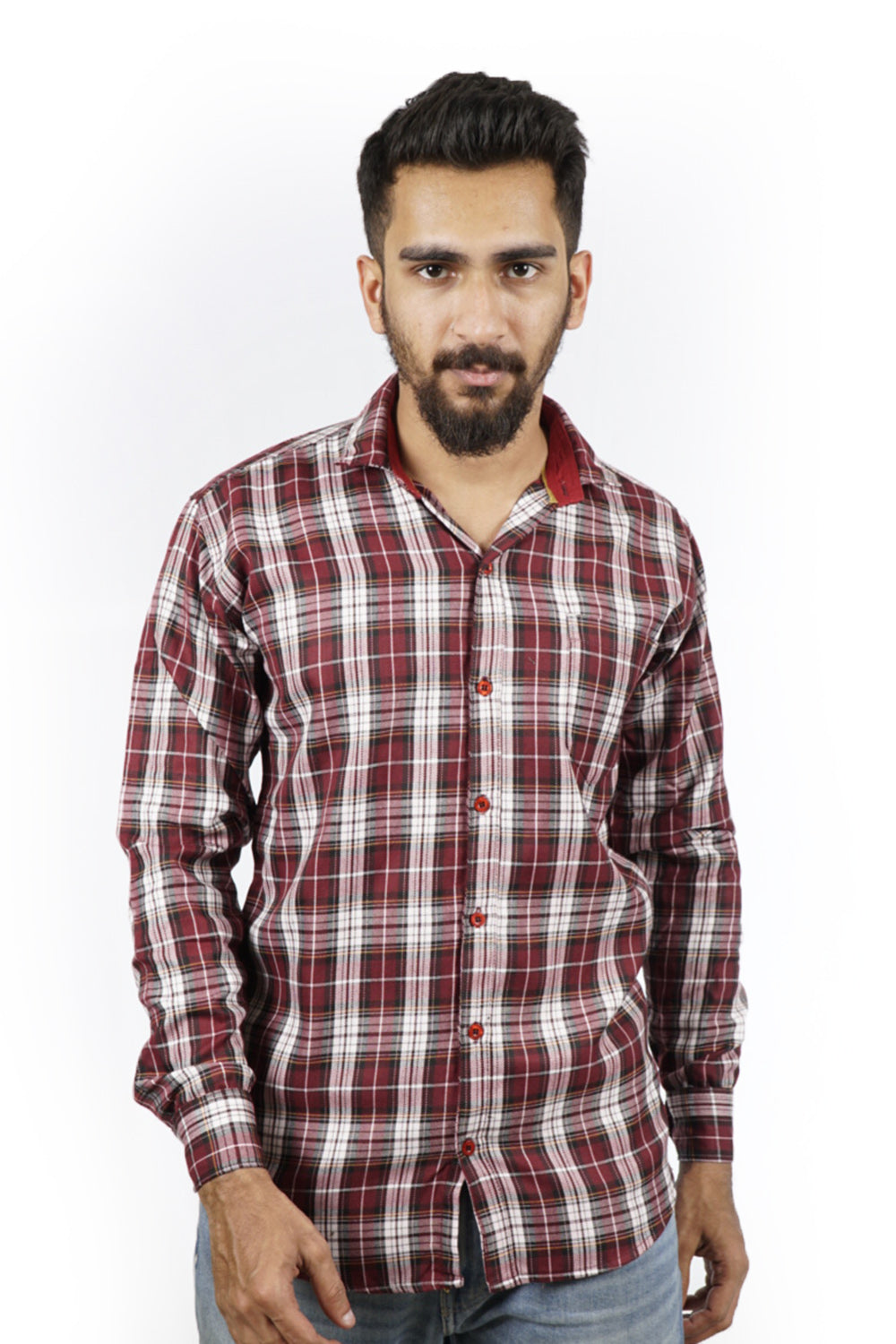 White and Maroon Checked Slim Fit Shirt